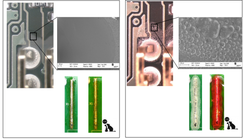 Reference re-flow soldered PCB compared with PCB after 48h at 60C/99%RH