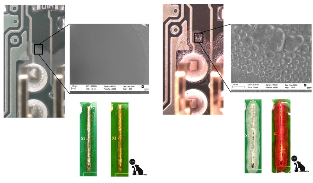 Reference PCB with solder paste flux residue PCB after 48 hours at 60°C/99%RH